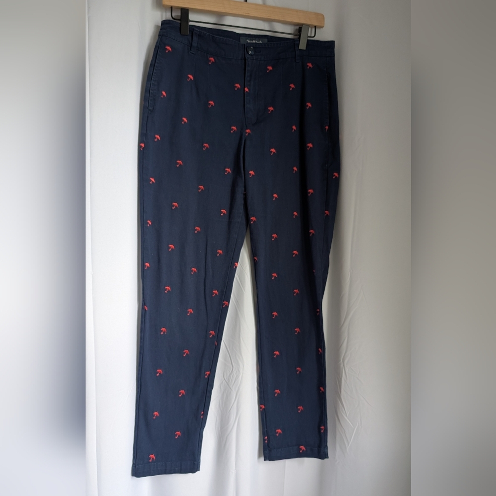 Modcloth Navy Chino Slim Pants w/ Pink Umbrella Embroidered Pattern Workwear 10 - Picture 2 of 8